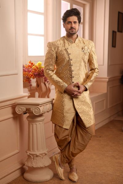 Gold Jaquard Silk Brocade Indo Western (NMK-4453)