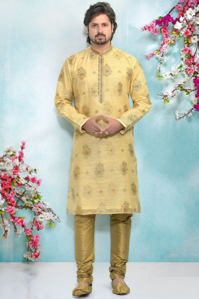 Gold Jaquard Silk Brocade Kurtas for Men (NMK-4889)