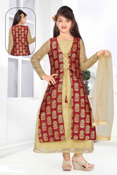 Gold, Maroon Net, Jaquard Girls Salwar Kameez (NFG-144)