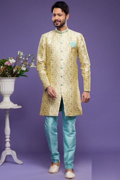 Gold with Turquoise Blue Mens Indo Western (NMK-7028)