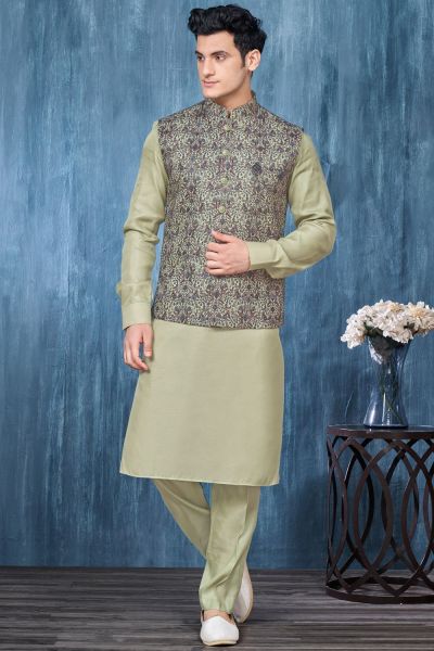 Green Art Banarasi Silk Nehru Jacket (NMK-7416)