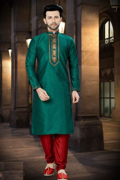 Green Art Dupion Regular Kurta Pajama (NMK-3776)