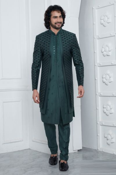 Green Art Silk 4 piece attached Jacket Set (NMK-7871)