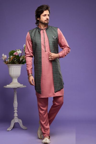 Green Art Silk Digital Printed Jacket Kurta (NMK-7082)