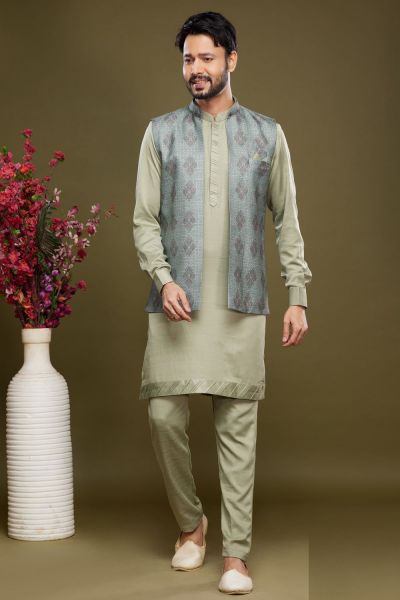 Green Art Silk Digital Printed Jacket Kurta (NMK-7092)