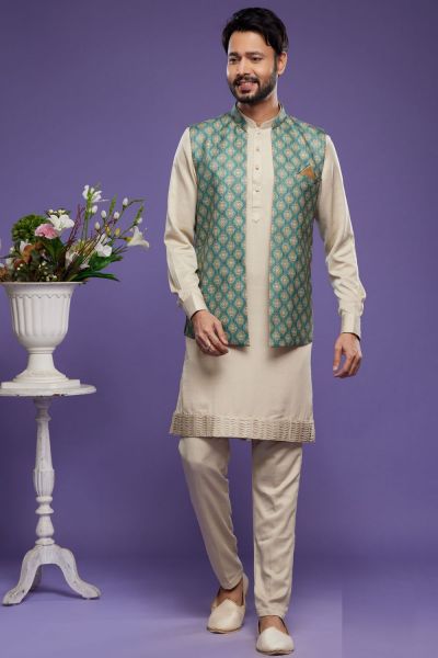 Green Art Silk Digital Printed Jacket Kurta (NMK-7094)