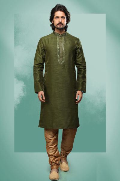 Green Art Silk Mens Kurta Pajama (NMK-6414)