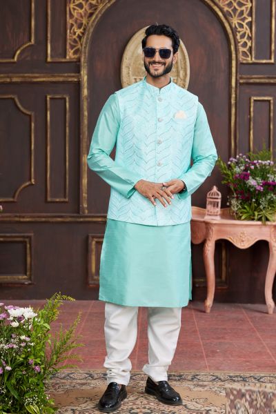 Green Art Silk Mens Nehru Jacket (NMK-7955)