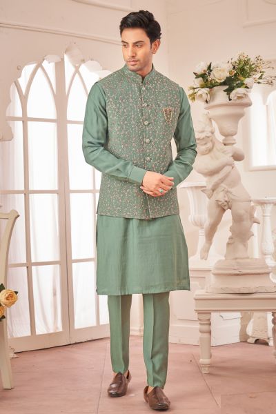 Green Art Silk Mens Nehru Jacket (NMK-7995)