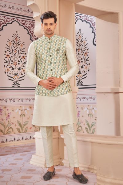 Green Art Silk Mens Nehru Jacket (NMK-8021)