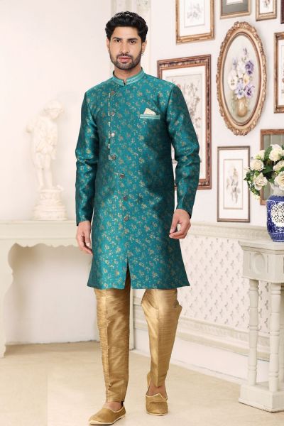 Green Banarasi Jaquard Indo Western for Men (NMK-6902)