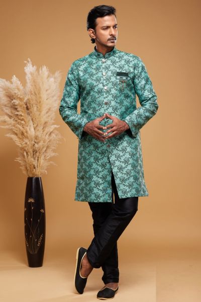 Green Banarasi Jaquard Indo Western for Men (NMK-7035)