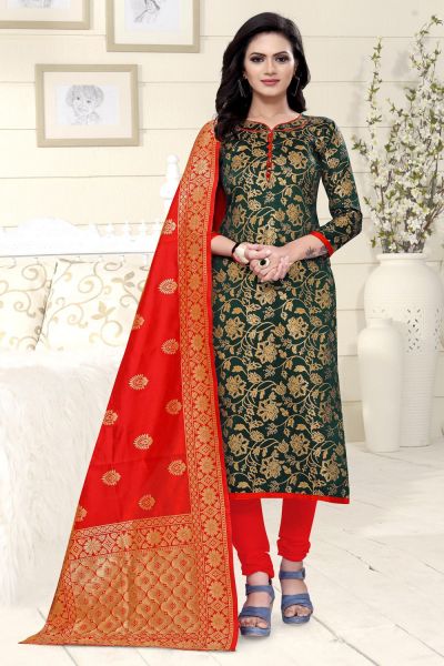 Buy Green Banarasi Silk Salwar Suit NWS 6371 Online