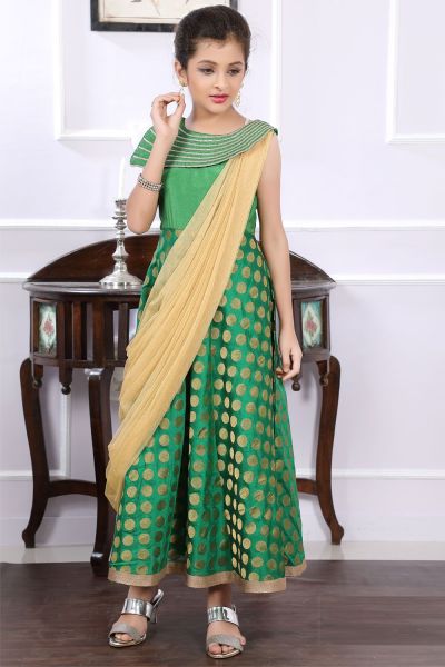 Green Brocade Girls Gown (NFG-193)