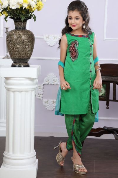 Green Cotton Girls Salwar Suit (NFG-186)