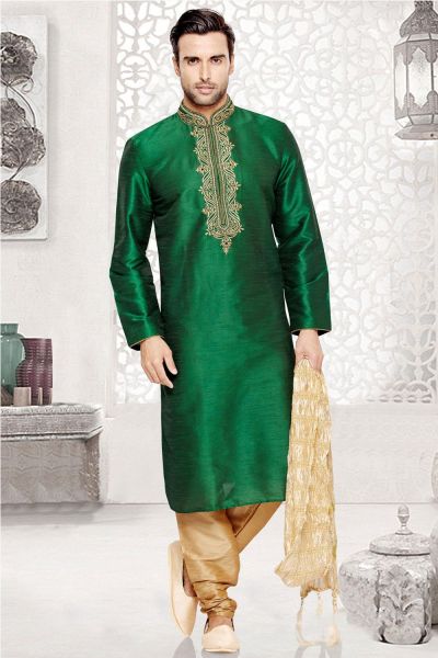 Green Dupion Art Silk Regular Kurta Pajama (NMK-3035)