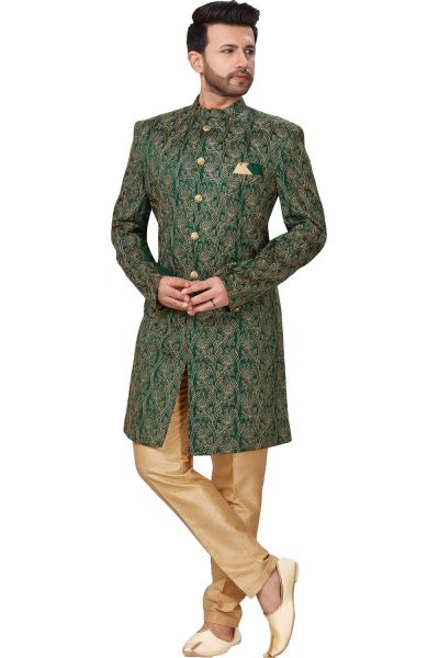 Green Dupion Silk Grooms Sherwani (NMK-4959)