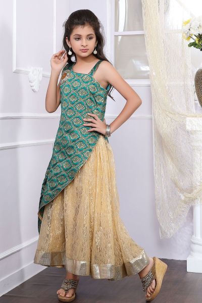 Green, Golden Brocade, Net Girls Gown (NFG-196)