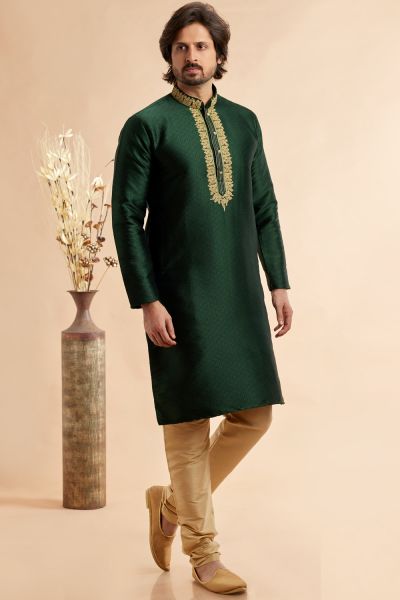 Green Jaquard Art Silk Mens Kurta Pajama (NMK-7925)