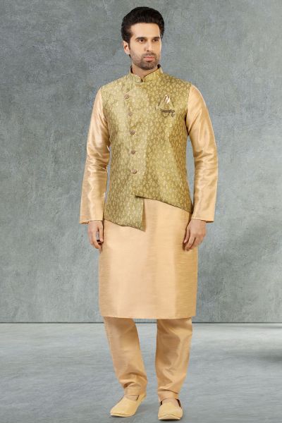 Green Jaquard Banarasi Silk Mens Nehru Jacket (NMK-5225)