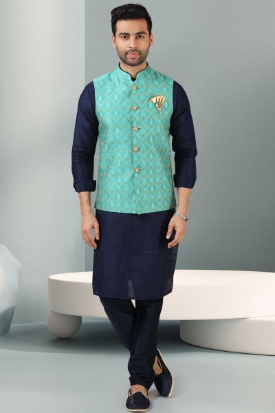 Green Jaquard Banarasi Silk Nehru Jacket (NMK-5868)