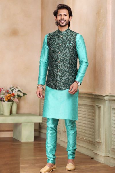 Green Jaquard Banarasi Silk Nehru Jacket (NMK-6921)