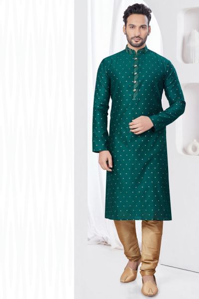 Green Jaquard Mens Kurta Pajama (NMK-7809)