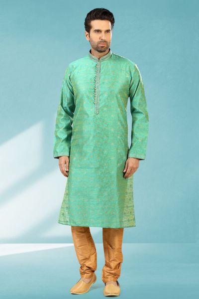 Green Jaquard Silk Brocade Kurta Pajama for Men (NMK-5188)