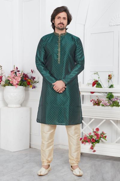 Green Jaquard Silk Brocade Kurtas for Men (NMK-7744)