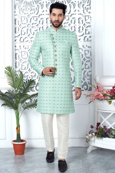 Green Jaquard Silk Indo Western for Men (NMK-7190)