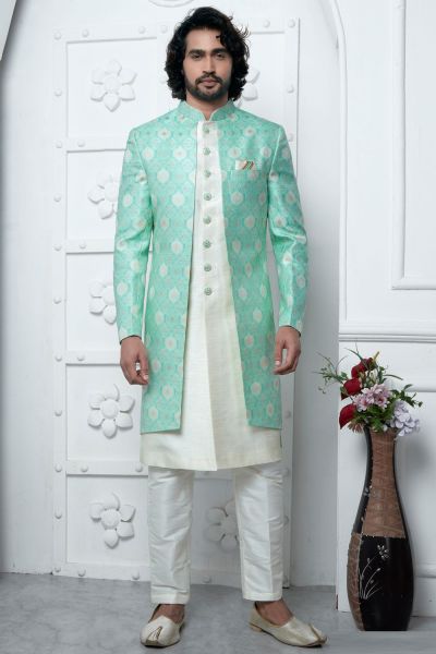 Green Jaquard Silk Indo Western (NMK-7174)