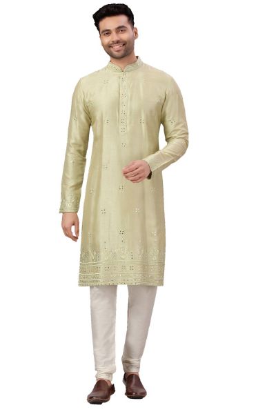 Green Silk Mens Kurta Pajama (NMK-5997)