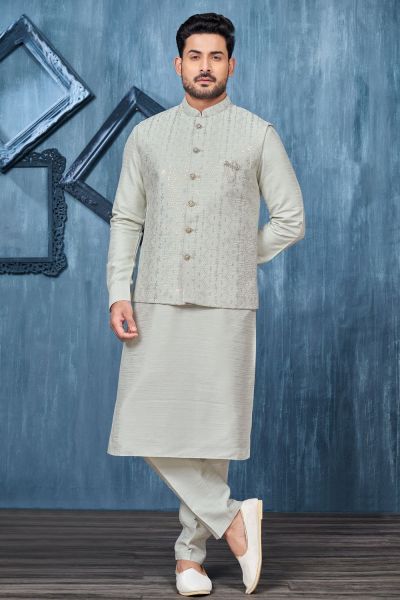 Grey Art Banarasi Silk Mens Nehru Jacket (NMK-7359)