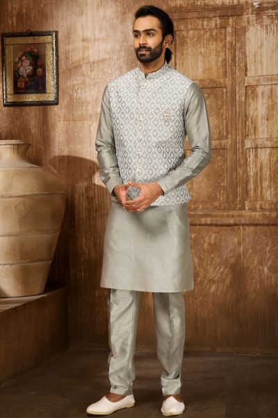 Grey Art Banarasi Silk Nehru Jacket for Men (NMK-6294)