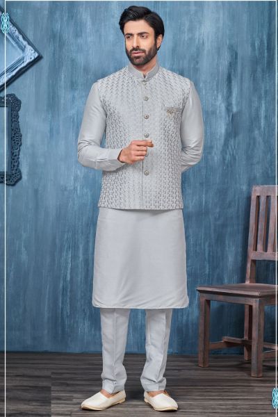 Grey Art Banarasi Silk Nehru Jacket (NMK-7390)