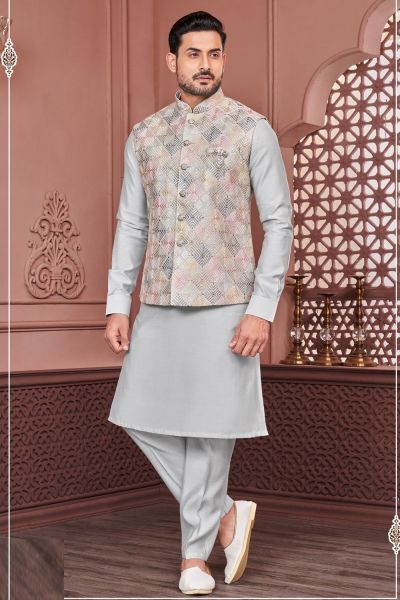 Grey Art Banarasi Silk Nehru Jacket (NMK-7439)