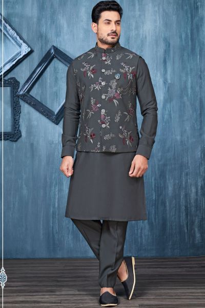 Grey Art Banarasi Silk Nehru Jacket (NMK-7450)