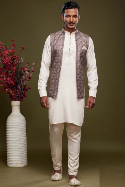 Grey Art Silk Digital Printed Jacket Kurta (NMK-7098)