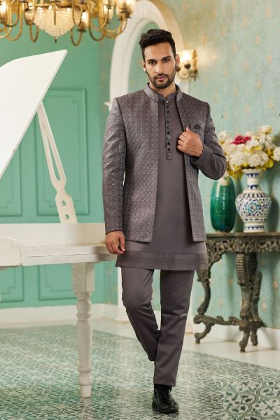 Grey Art Silk Embroidered Indo Western (NMK-7132)