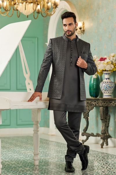 Grey Art Silk Embroidered Indo Western (NMK-7133)