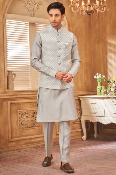 Grey Art Silk Mens Nehru Jacket (NMK-8032)