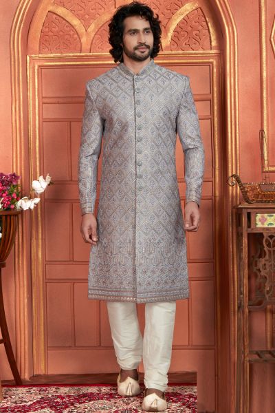 Grey Art Silk Mens Sherwani (NMK-7890)