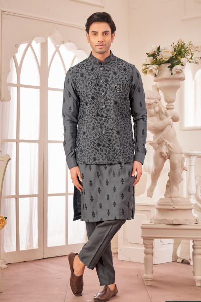 Grey Art Silk Nehru Jacket (NMK-7993)