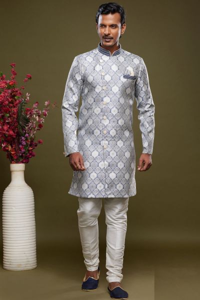 Grey Banarasi Jaquard Indo Western for Men (NMK-6994)