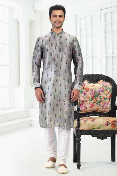 Grey Banarasi Silk Kurta Pajama for Men (NMK-6705)