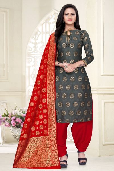 Buy Grey Banarasi Silk Salwar Suit NWS 6344 Online