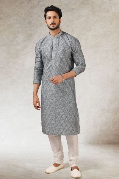 Grey, Black Art Silk Kurta Pajama (NMK-5855)