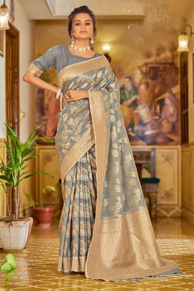 Grey Crystal Linen Saree (NWSA-5839)