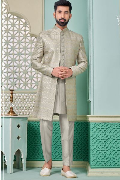 Grey Embroidered Art Silk Mens Indo Western (NMK-7658)