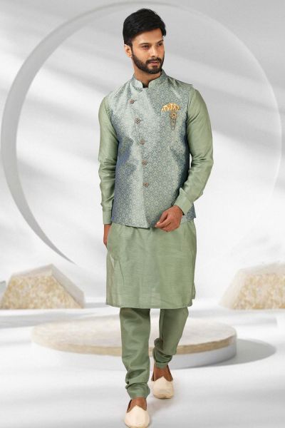 Grey Jaquard Banarasi Silk Nehru Jacket (NMK-5873)